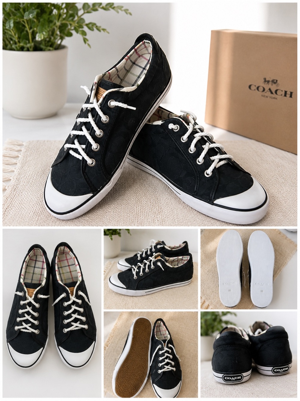 Coach Black Canvas Signature Slip-On Sneaker with Plaid Lining